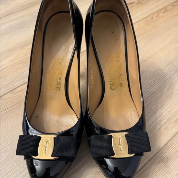 Salvatore Ferragamo Shoes - Salvatore Ferragamo Black Patent Pumps with Grosgrain Bow and Gold Plaque
